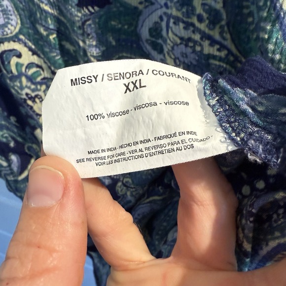 Nine West XL Top Navy/Yellow Paisley Round Neck 3/4 Sleeve Partial Button Front - Picture 15 of 16